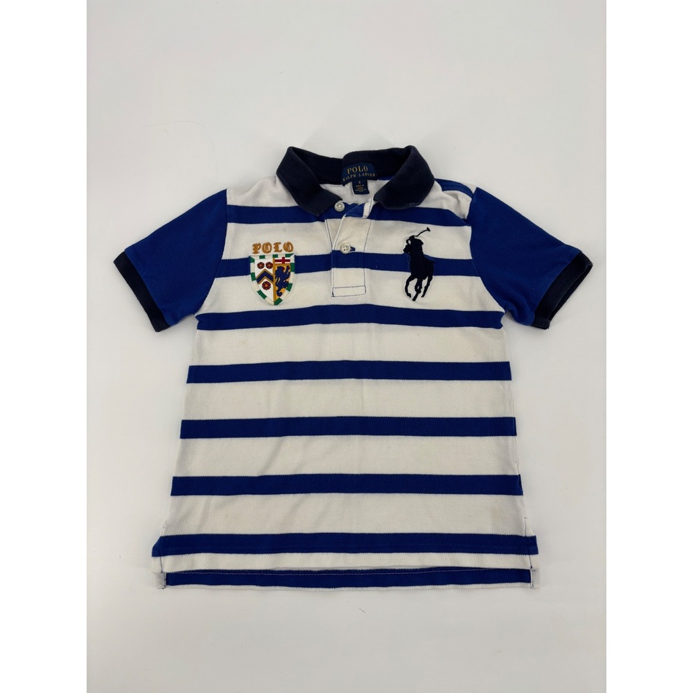 Polo Ralph Lauren Boys Blue White Striped Big Pony Crest Polo Shirt Size 5